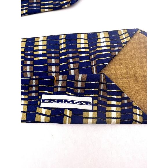 Vintage Format 100% Silk Tie Blue Gold Geometric Necktie Mens Art Deco - Picture 3 of 3